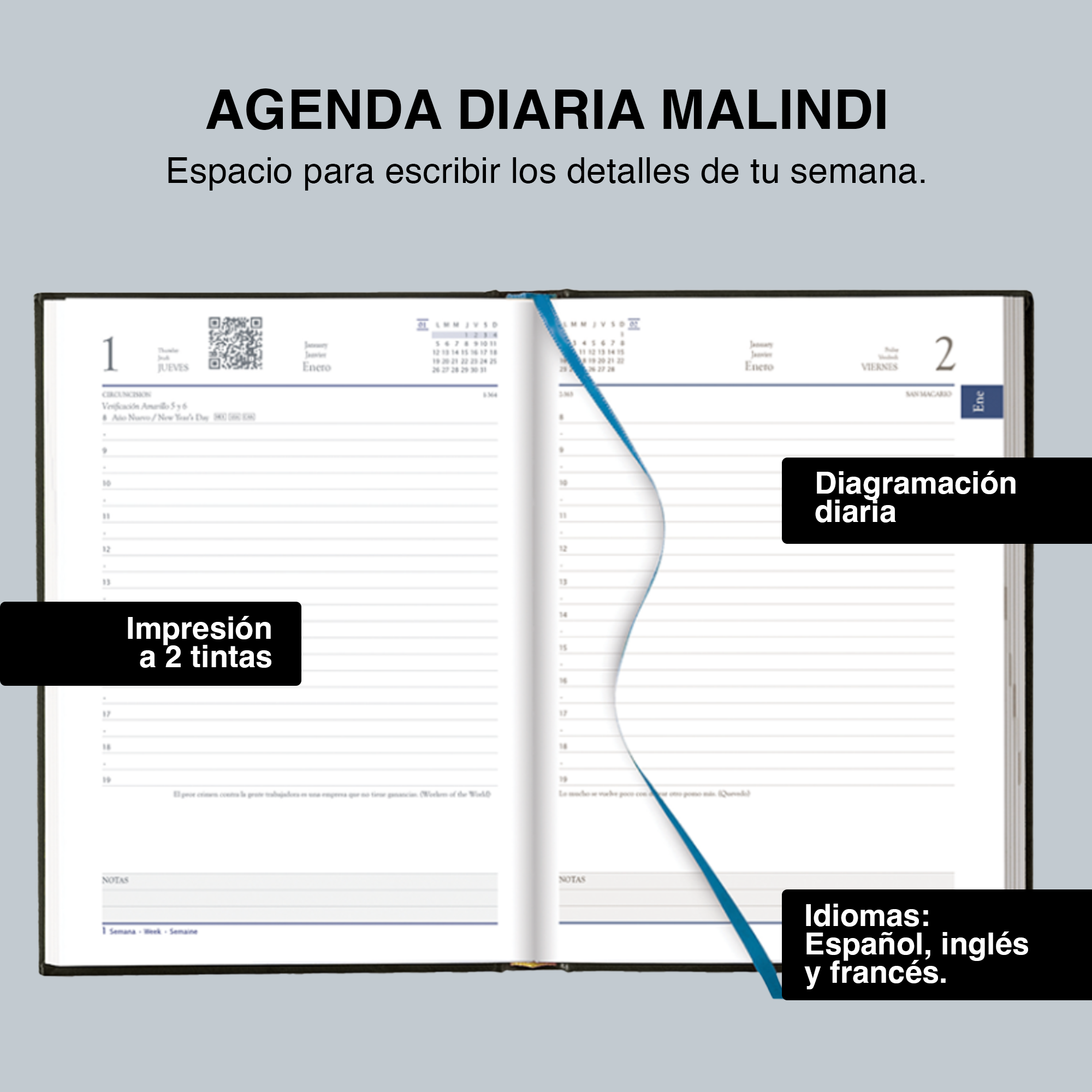 Agenda Diaria Malindi 2026 Cubierta Azul Elegante o Negra