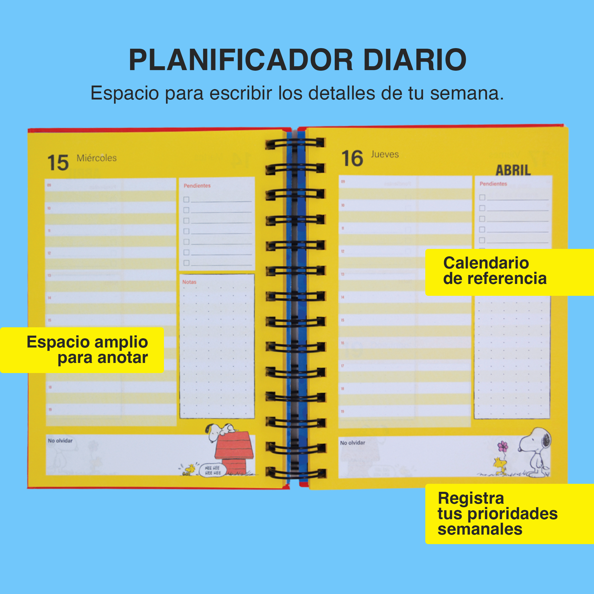 AGENDA 2026 SNOOPY® AMARILLA O ROJA - CON ESPIRAL DOBLE METÁLICO