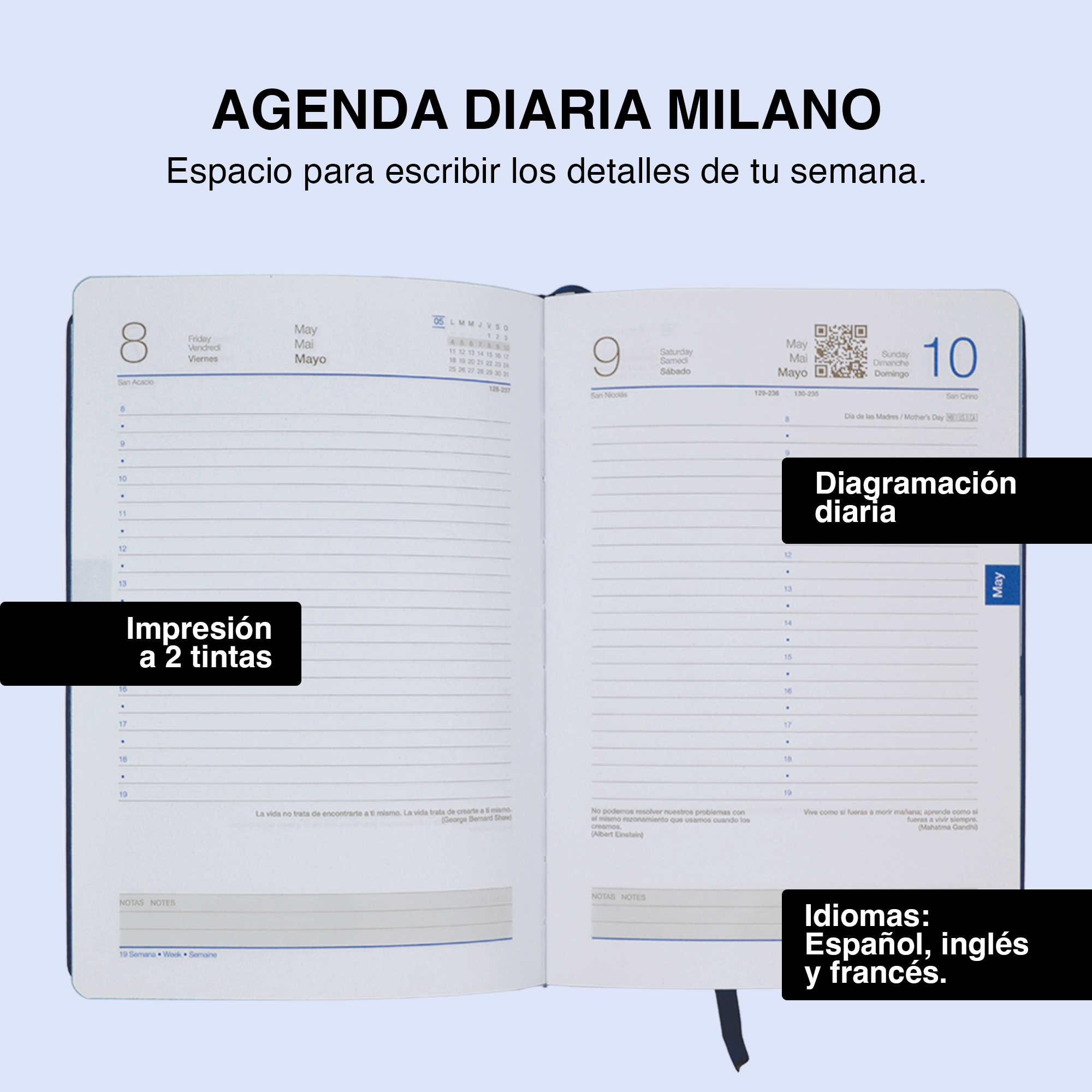 Agenda Diaria Milano 2026 | Papel Blanco de Alta Calidad. Distintos colores
