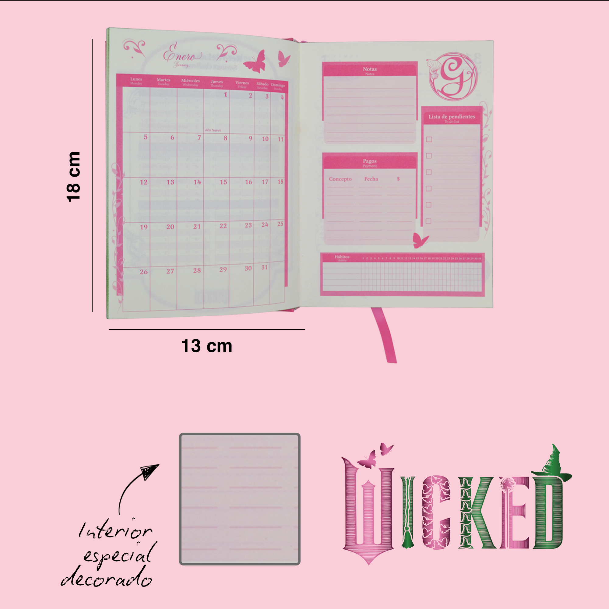 AGENDA 2026 WICKED ROSA O NEGRA - INCLUYE STICKERS