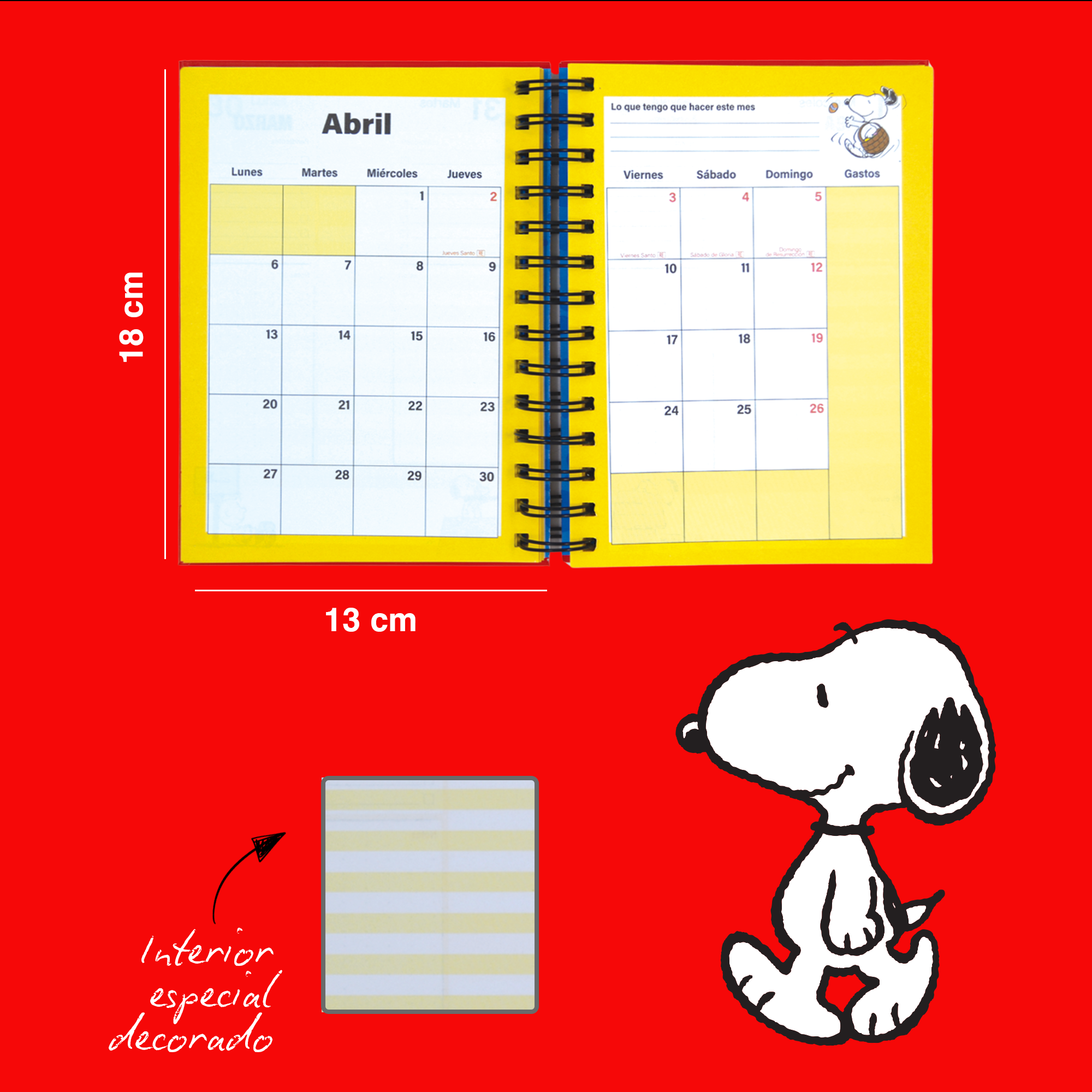 AGENDA 2026 SNOOPY® AMARILLA O ROJA - CON ESPIRAL DOBLE METÁLICO